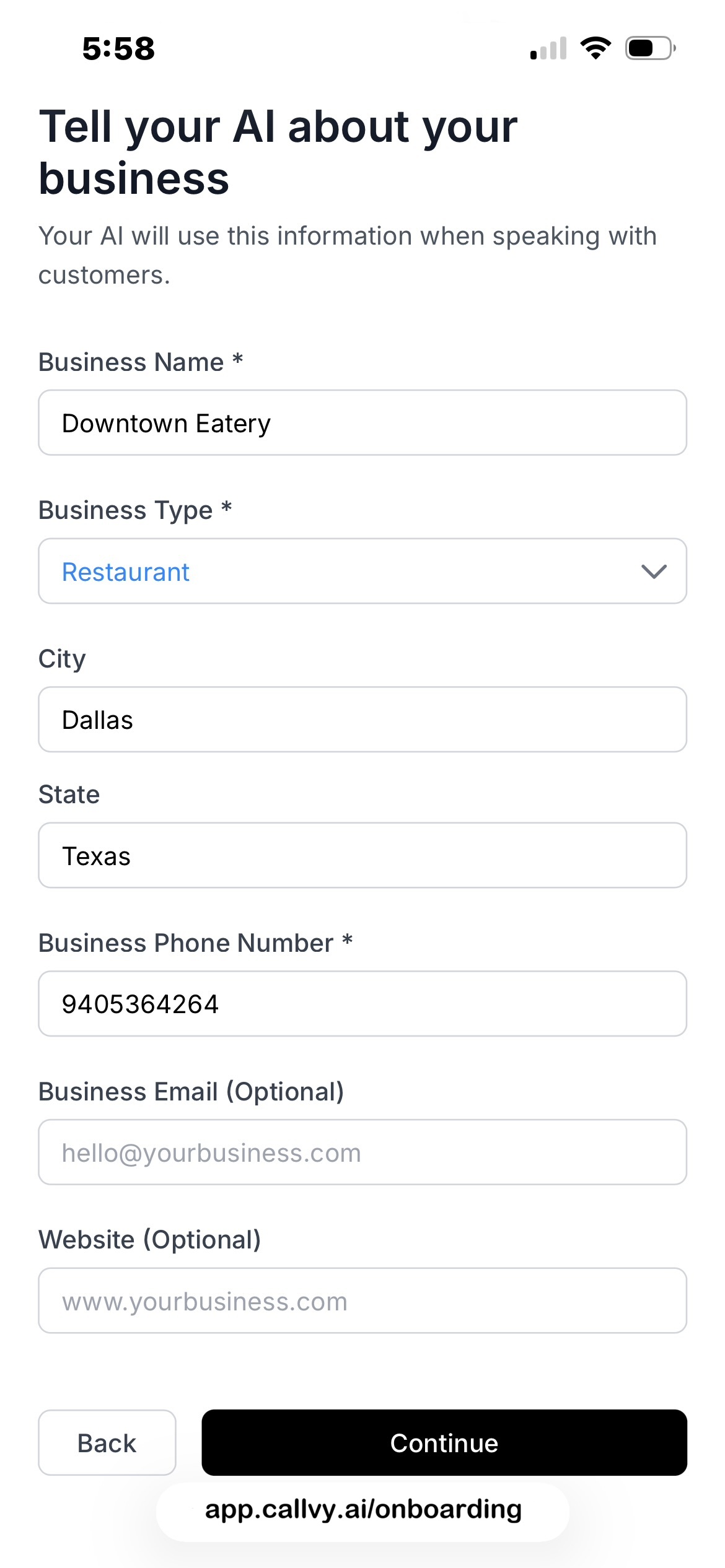 Callvy Onboarding - Business Info